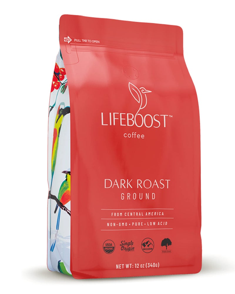 Lifeboost Dark Roast Ground Coffee - Non-GMO Low Acid Single Origin USDA Organic Dark Roast Coffee - Third Party Tested For Mycotoxins & Pesticides - 12 Ounces - Image 1